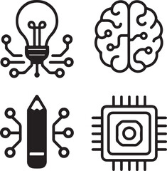 Isolated Creativity Circuit System Icons, Creativity Circuit System, Smart Chip Lines, Digital Connections, Minimal Tech Paths, Solid Black Circuits, Editable Vector