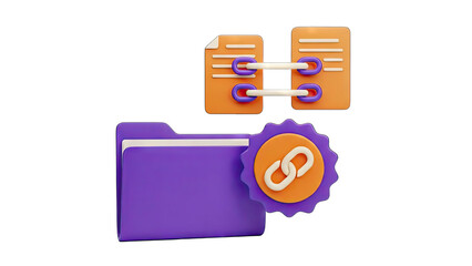 Digital representation of data linking and file management with a purple folder and orange document icons on a transparent background symbolizing connectivity and organization in technology
