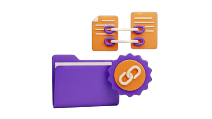 Digital representation of data linking and file management with a purple folder and orange document icons on a transparent background symbolizing connectivity and organization in technology