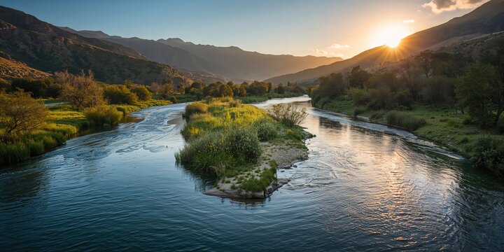 River scene with flowing water and surrounding trees, useful as background for text and layout design