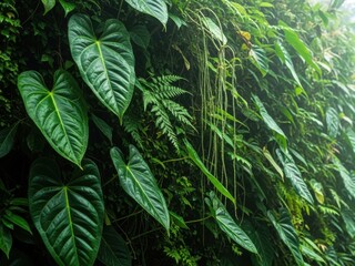 Lush green tropical foliage in the rainforest, natural background texture