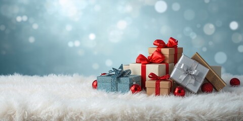 Christmas presents wrapped with ribbons and red baubles, holiday gift wrapping, seasonal decoration, Christmas celebration