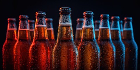 Bottles of cold beer on a dark background highlighting beverage cooling process, suitable for national beer day
