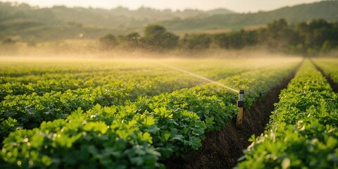 Irrigation system watering a cilantro field, sustainable agriculture practices