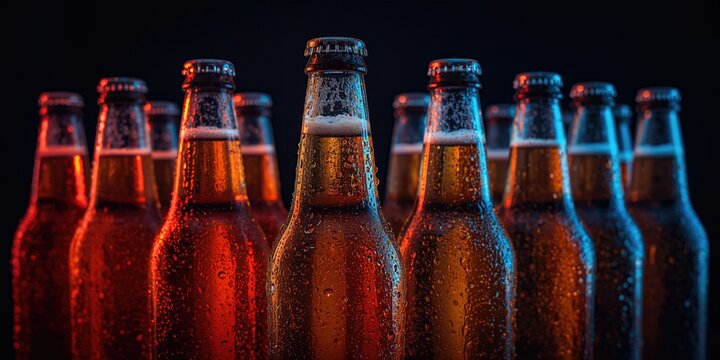 Bottles of cold beer on a dark background highlighting beverage cooling process, suitable for national beer day - Powered by Adobe