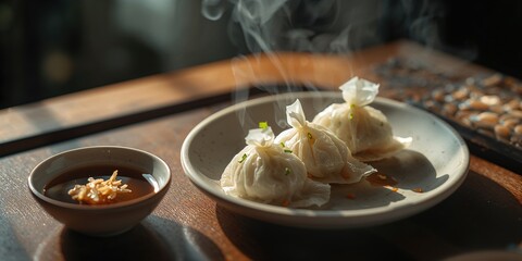Steamed chive dumplings with soy sauce and fried garlic, highlighting traditional preparation, World Food Day