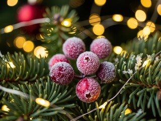 Close up of frosted cranberries on a pine branch with christmas lights