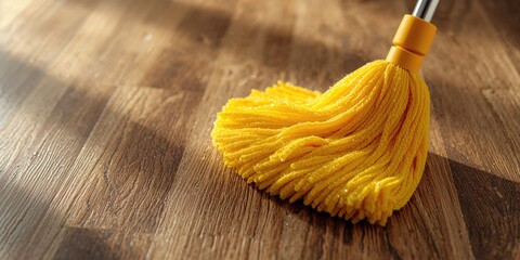 Microfiber mop head in bright yellow fibers designed for surface cleaning, suitable for janitorial tasks