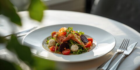 Chevre salad with ham, dressing, and beets, fiber-rich meal for balanced nutrition
