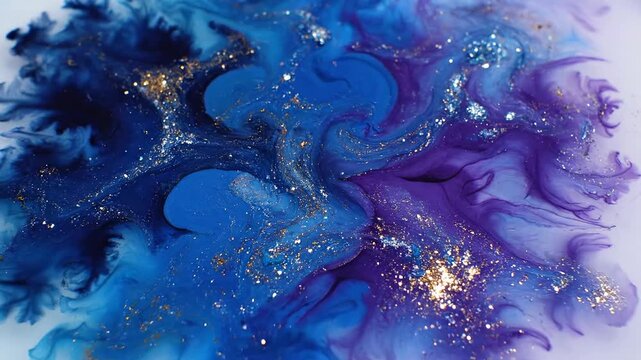 Vivid abstract swirl of blue, teal, and purple pigments with gold glitter accents with glitter dust