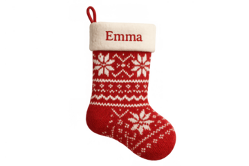 Red knitted christmas stocking with white snowflake pattern and embroidered emma name on transparent background