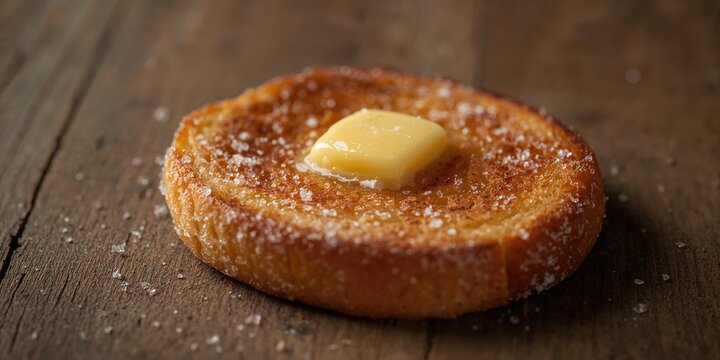 Close-up of homemade grilled bread topped with butter and sugar, highlighting caramelization process, food safety awareness