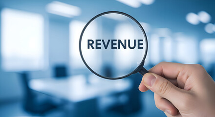 Hand holding a magnifying glass over the word revenue symbolizing financial analysis and close examination of business income in a modern office setting
