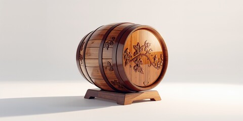 Fototapeta premium Vintage craftsmanship wooden barrel adorned with grapevine carvings and reflective finish, used as a rustic decor element