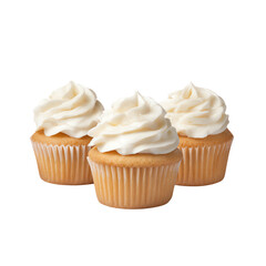 Isolated transparent png traditional decorated Christmas cupcakes delicious frosted icing Three cupcakes topped with creamy swirls of frosting.