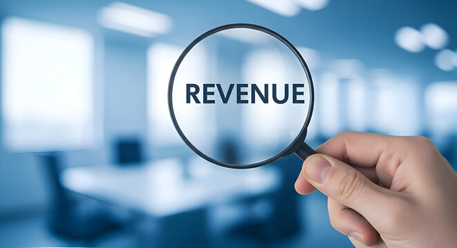 Hand holding a magnifying glass over the word revenue symbolizing financial analysis and close examination of business income in a modern office setting - Powered by Adobe