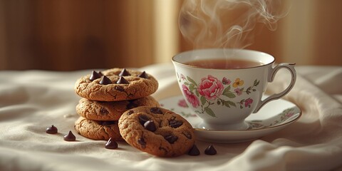 Chocolate cookie and tea pairing in a mug, highlighting dessert and beverage combination