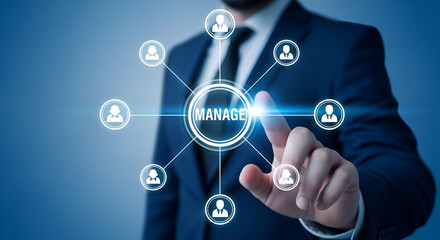 Businessman in a dark suit interacts with a glowing digital interface centered on human resource management connecting various personnel icons across a blue background