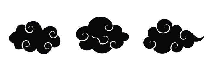 Japanese cloud motif icons in Japanese minimal style offer vector design with silhouette and modern flair. Flat abstract shapes evoke fog or breeze with smooth motion and zen balance.