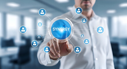 Businessman interacts with a glowing digital interface highlighting the central concept of synergy connected to multiple team member icons in a modern office setting