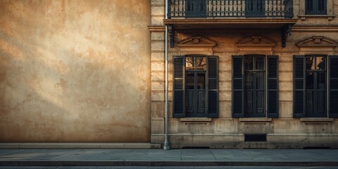 House featuring balconies and windows with antique black louvers, architectural preservation