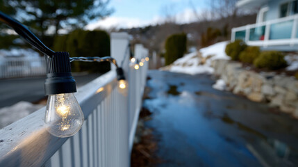 A close-up view of glowing fairy lights strung along a garden fence, creating an enchanting atmosphere, reflecting the beauty of winter evenings amidst the snow.