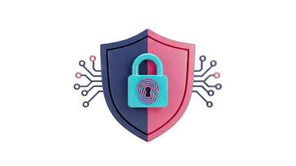 Digital Security Shield with Integrated Padlock and Fingerprint Scan on a Transparent Background Representing Data Protection and Cyber Safety Concepts