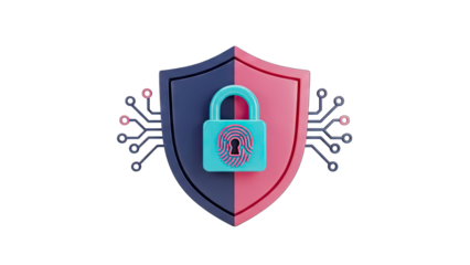 Digital Security Shield with Integrated Padlock and Fingerprint Scan on a Transparent Background Representing Data Protection and Cyber Safety Concepts