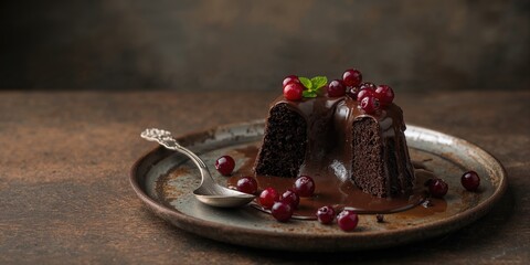 Chocolate cake with a bitten center and currants on a metal plate, texture and flavor analysis
