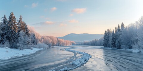 Fototapeta premium Colorful winter landscape with snow-covered trees and a reflective frozen river, seasonal change