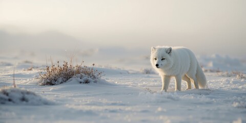 Obraz premium Vulpes lagopus moving across a frozen terrain, highlighting wildlife adaptation during winter