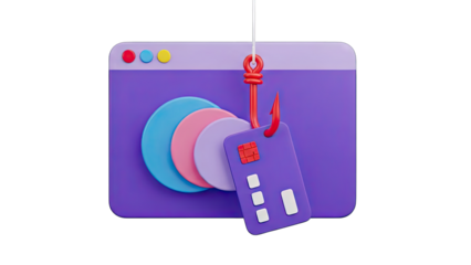 Digital Security Threat Fishing Hook Dangling Over Credit Card Icons Layered on Browser Window Representing Cybercrime and Online Fraud Concept