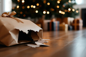 A wrapped gift with torn paper, symbolizing the excitement of unwrapping presents during the holiday season, showcasing a moment of joyful anticipation and surprise.