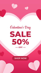 Vertical Valentine's Day Sale 50% off Banner or Poster with Hearts on Pink Background