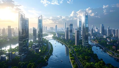 Naklejka premium Gleaming skyscrapers flank a winding river under a bright sky, creating a vivid urban panorama filled with greenery