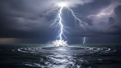 Dramatic Lightning Strike over Ocean Waves
