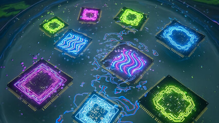 Glowing colorful magic squares arranged in a circular pattern on a dark surface