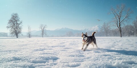 Fototapeta premium Snow-covered field with a Siberian Husky in motion, highlighting cold weather endurance