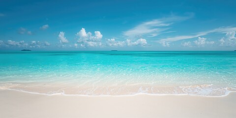Serene blue ocean surf on sandy shoreline used as a backdrop for editorial or UI design, summer setting