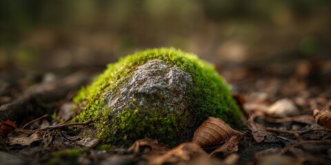 Obraz premium Close-up of a moss-covered stone amidst fallen leaves and branches, natural erosion and seasonal change