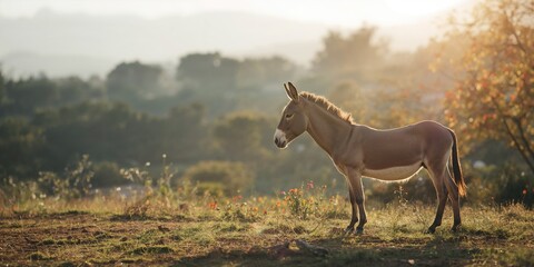 Domestic donkeys in a rural setting, work and transportation in a natural landscape