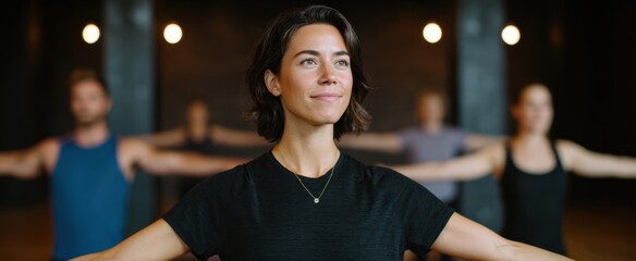 yoga instructor guiding a group session in a large studio space