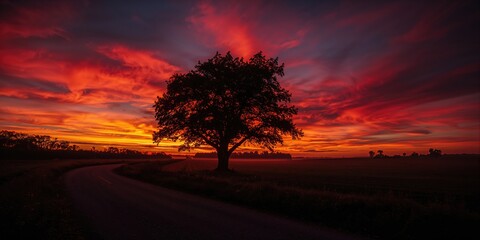 Single tree lining a street at dusk with a dramatic red sunset sky, highlighting rural roadside scenery