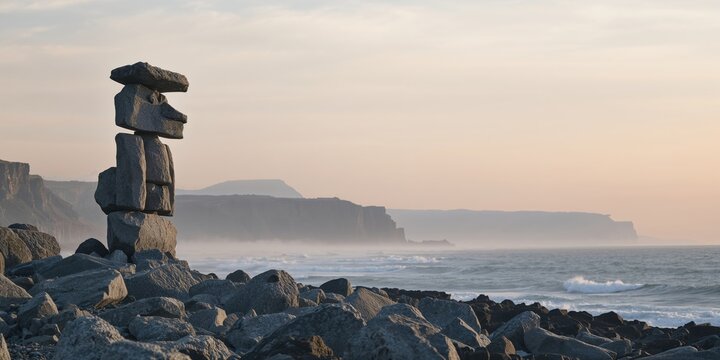 Inukshuk constructed on a rocky shoreline, coastal landscape preservation