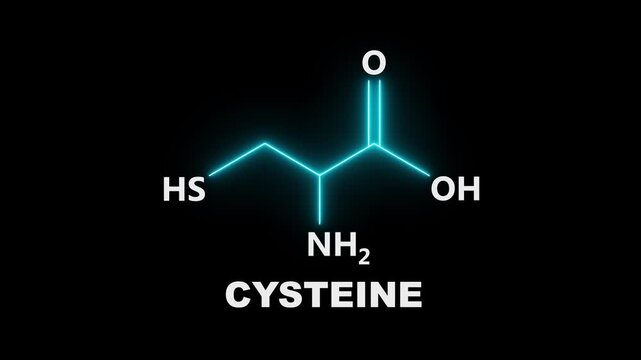 neon Cysteine molecule structure with chemical formula on black Background. glowing chemical formula of Cysteine. Cysteine Molecular Structure Symbol icon Animation. Cysteine Molecule Structure icon.