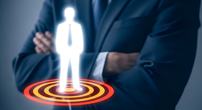Businessman with arms crossed stands behind a glowing silhouette figure standing on a digital target representing focused customer acquisition and human resource selection concepts - Powered by Adobe