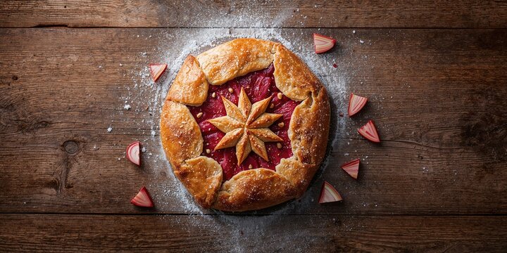 Christmas rhubarb galette with star pattern baked on rustic wooden table, seasonal baking display