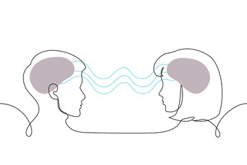 man and woman whose brains are connected by waves of communication—one unbroken line. Concepts: mental siblings, mental connection, similar cognitive biases, thinking alike, understanding, empathy