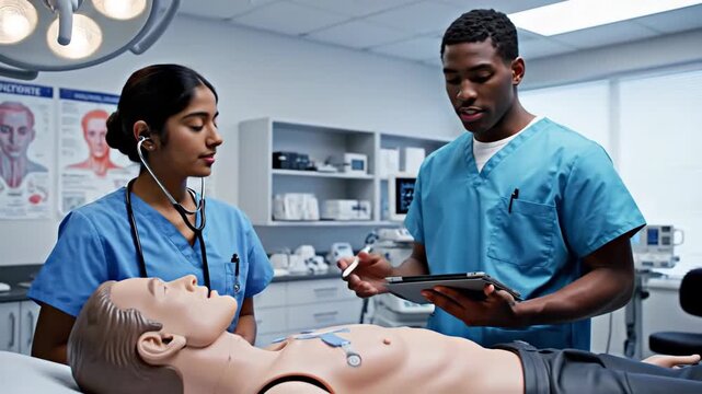 Medical Professionals in a Simulated Surgery Room with a Patient Dummy Under Investigation
