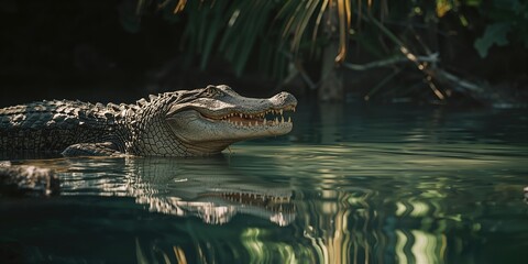 Fototapeta premium Crocodile resting near waters surface with mirrored image, highlighting natural resilience